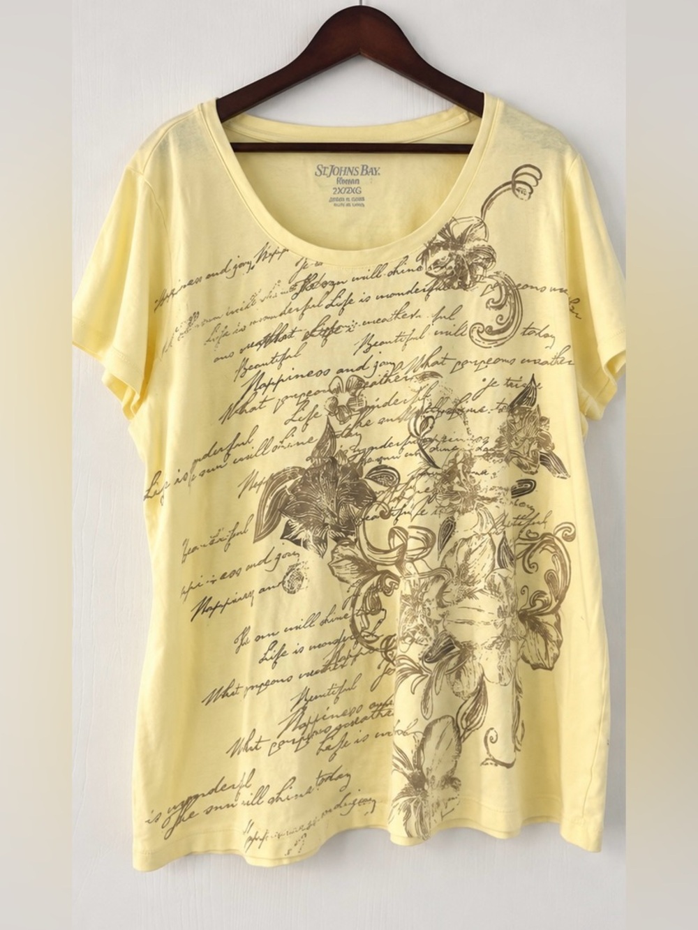 St. John’s Bay Floral Script Graphic Tee 2X Yellow